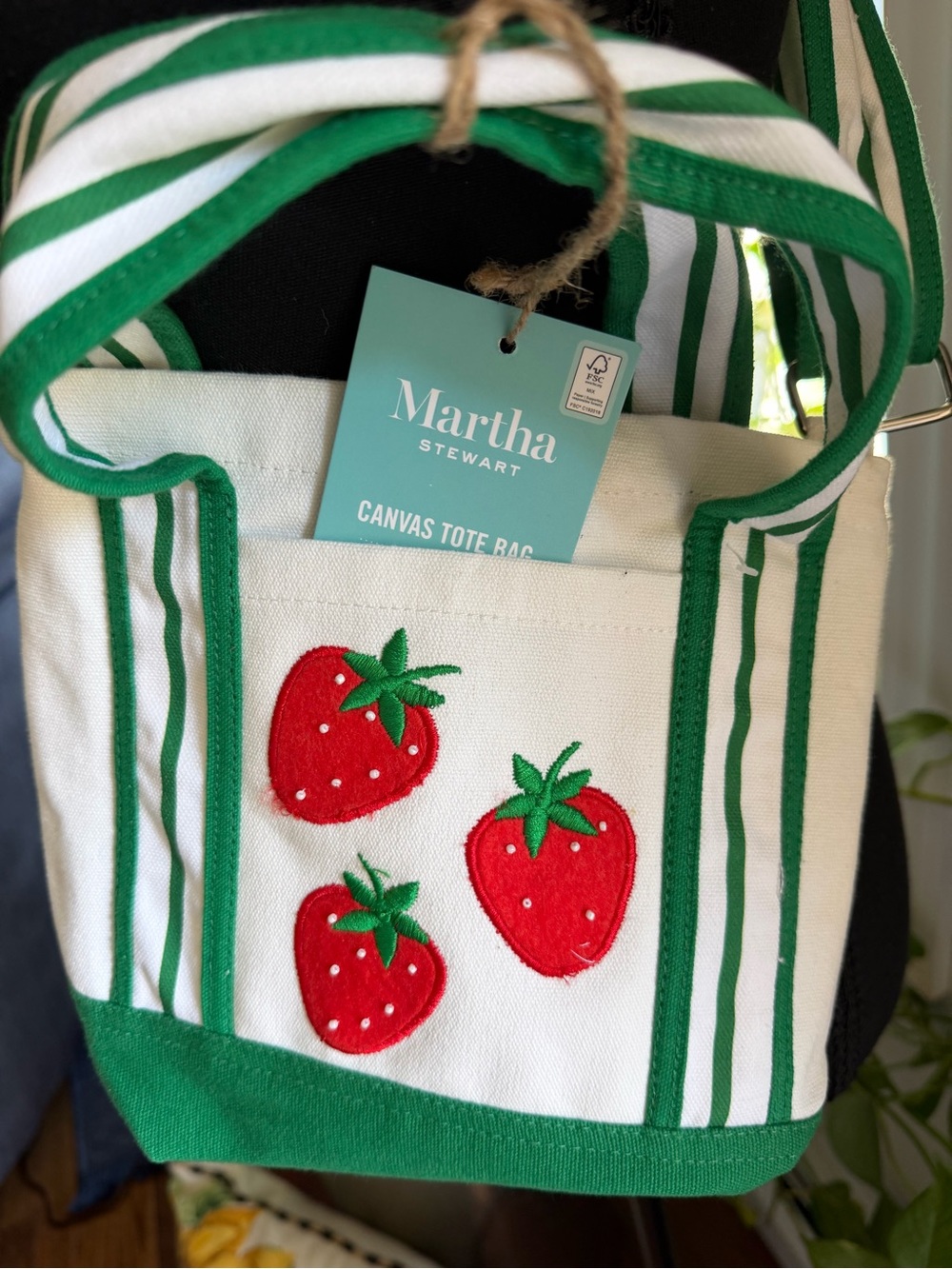 Canvas Strawberry Crossbody Bag - Green & White - Picture 2 of 2